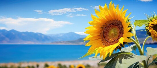 Aufkleber - Vibrant sunflower in bright yellow foreground with serene blue lake and majestic mountains in the background under a clear blue sky