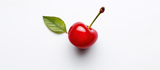 Poster - Vibrant red cherry positioned centrally on a clean white background with a single green leaf for contrast creating an isolated and fresh aesthetic