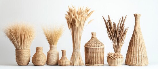 Poster - Traditional handwoven straw crafts displayed on a white background featuring beige tones, varying heights, and textures in an artistic arrangement.