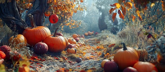 Leinwandbilder - Autumn landscape featuring vibrant orange pumpkins scattered among colorful leaves and trees in a misty forest path with open spaces.