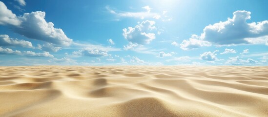 Poster - Expansive sandy surface stretches across the frame under a bright blue sky adorned with fluffy white clouds casting soft shadows Ð¾ÑÐ½Ð¾Ð²Ð½Ñ‹Ñ… ÑÐ»ÐµÐ¼ÐµÐ½Ñ‚Ð¾Ð².