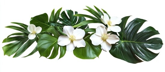 Fototapete - Tropical foliage arrangement with white flowers and green leaves on a clean white background featuring lush, vibrant greenery and detailed petals.