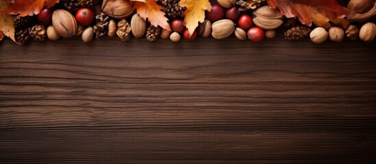 Poster - Top view of vibrant orange and brown autumn leaves with assorted nuts along the top edge of a dark wooden background creating ample copy space below