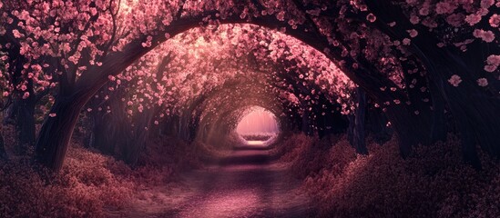 Aufkleber - Romantic tunnel adorned with pink blossom trees creating a serene pathway illuminated in soft pink hues under a twilight sky.