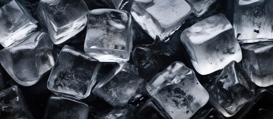 Poster - Close-up view of clear ice cubes arranged on a dark surface with shadows highlighting their contours and ample copy space for text placement