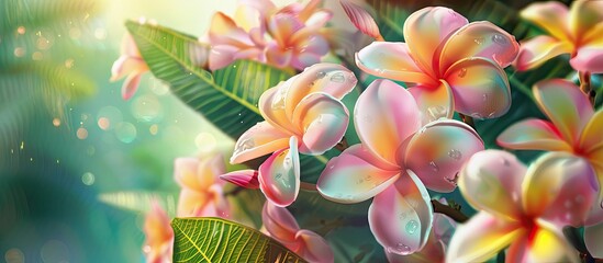 Poster - Colorful frangipani flowers in soft pink yellow and white petals adorned on lush green leaves with blurred background and bright light ambiance