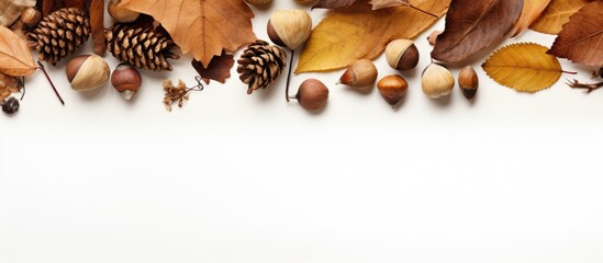 Aufkleber - Autumn foliage arrangement with dried leaves, pinecones, and nuts against a white background creating a warm seasonal atmosphere