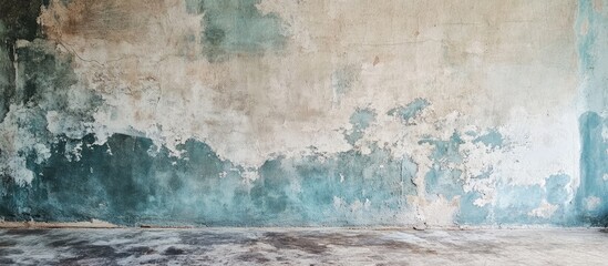 Poster - A textured weathered wall featuring peeling paint in shades of blue and gray, creating an aged aesthetic ideal for renovation or restoration concepts.