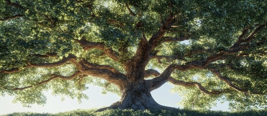 Leinwandbilder - Majestic old tree with expansive branches in lush green landscape under bright sunlight showcasing vibrant leaves and textured bark from a low angle