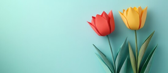 Poster - Vibrant red tulip and yellow tulip with green leaves on a soft turquoise background symbolizing creativity and spring blossoms in a serene setting