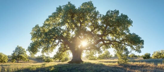 Poster - Majestic green oak tree in sunny meadow with sunlight shining through leaves against a clear blue sky panorama format vibrant colors and serene atmosphere