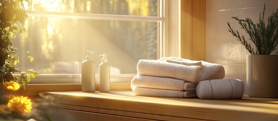 Aufkleber - Coordinated thick bathroom towels stacked on a sunny wooden windowsill surrounded by natural light, potted plant and decorative accessories.