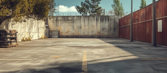 Poster - Vacant Concrete Parking Area in Retro Style featuring muted colors with a weathered wall and sunlight casting shadows on the ground.