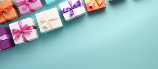Poster - Top view of white gift boxes with various colored ribbons on a turquoise background with ample copy space on the right side for text placement