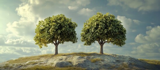 Leinwandbilder - Two lush green trees standing proudly on a gentle hillside under a bright, cloudy sky, emphasizing nature's serene beauty and tranquility.