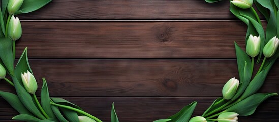 Leinwandbilder - Fresh green tulip leaves with white flowers artfully arranged in a circular frame on a dark wooden table providing ample copy space in the center