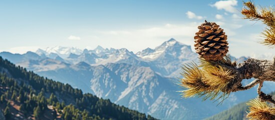 Aufkleber - Pine cone perched on a mountain pine branch against a backdrop of majestic snow-capped peaks and blue sky with scattered clouds.