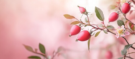 Fototapete - Pink rosehip fruits and delicate flower buds are artistically arranged against a soft pink background with elegant green branches and gentle bokeh.