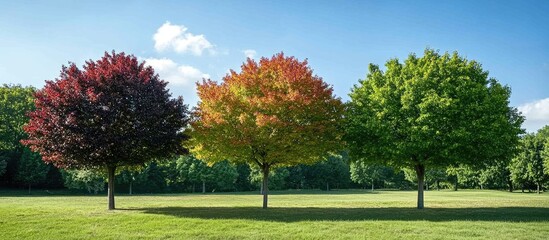 Leinwandbilder - Multicolored autumn leaves on three distinctive trees against a clear blue sky in a vibrant green park setting with bright sunlight.