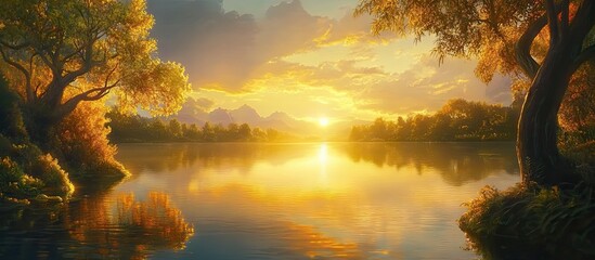 Poster - Tranquil lake scene at golden hour with warm golden light reflecting on calm water creating a serene landscape surrounded by lush greenery