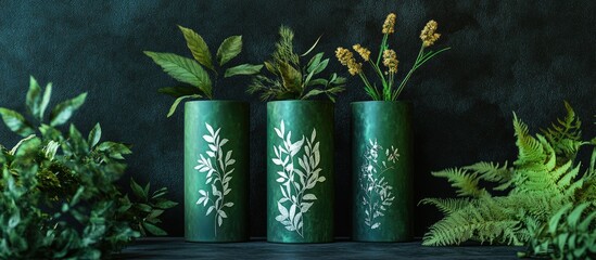 Aufkleber - Green cylindrical vases adorned with silver leaf decorations stand centered against a dark backdrop, surrounded by lush green plants and foliage.