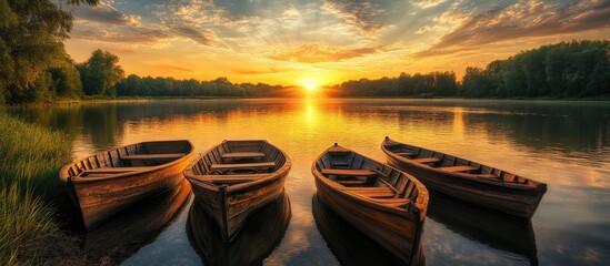 Aufkleber - Serene sunset over tranquil lake with four wooden boats anchored in calm water, vibrant orange and purple hues in the sky, lush greenery along the shore.