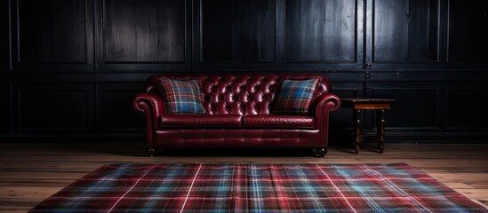 Poster - Cozy living room featuring a traditional Scottish tartan rug in red and blue shades, positioned under a classic leather sofa against dark wood walls.