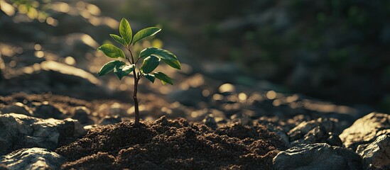 Fototapete - Growing sapling emerging from rich soil with morning sunlight creating a warm glow highlighting green leaves and textured earthy background