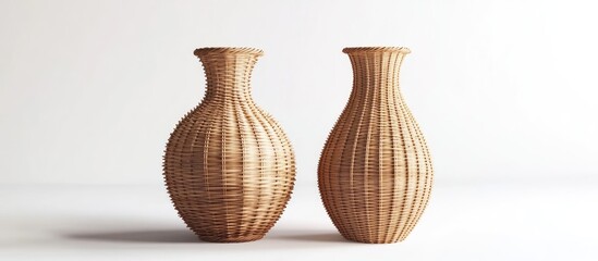 Poster - Two intricately woven rattan vases with distinct shapes positioned side by side on a minimalistic white background conveying elegance and natural decor.
