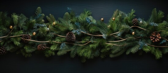 Aufkleber - Vibrant spruce branches with pine cones and warm fairy lights against a dark backdrop create a cozy festive atmosphere perfect for copy space.