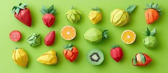Poster - Handmade colorful origami fruits arranged on vibrant green background showcasing strawberries, kiwis, lemons, and oranges in various positions
