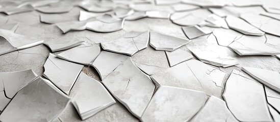 Fototapete - Fragmented white tiles cover a textured floor creating a unique and artistic surface with varying shades of gray and white in scattered patterns.