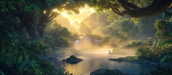 Aufkleber - Serene forest park at sunrise with golden light, mist over calm river, lush greenery, and soft reflections on water creating an enchanting atmosphere.