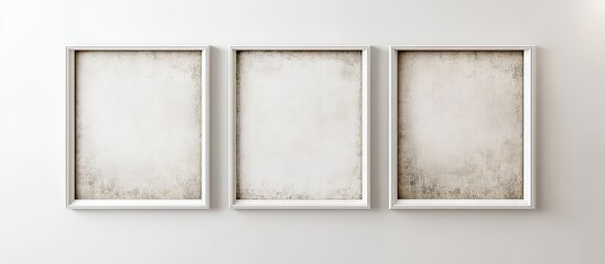 Aufkleber - Three elegant white blank museum art frames arranged horizontally on a clean white wall with soft lighting, perfect for showcasing artworks.