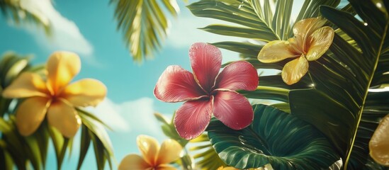 Aufkleber - Tropical scene with vibrant yellow and pink flowers, lush green palm leaves, against a bright blue sky creating a refreshing summer vibe.