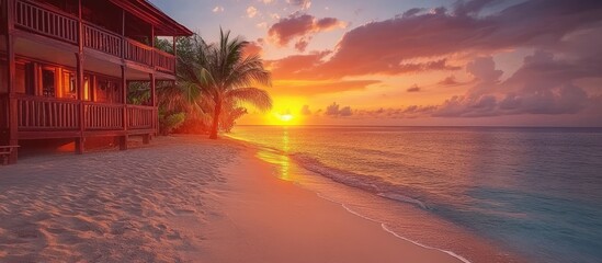 Aufkleber - Vibrant sunset casting red hues across a sandy beach with serene blue waters golden sun illuminating coastal scenery at dusk