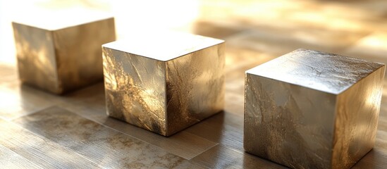 Leinwandbilder - Polished three-dimensional cubes in a row, reflecting light with golden hues on a textured wooden floor, exuding sophistication and elegance.