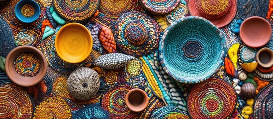 Leinwandbilder - Colorful assortment of traditional African crafts including woven baskets and pottery in vibrant colors arranged artistically on a textured surface.