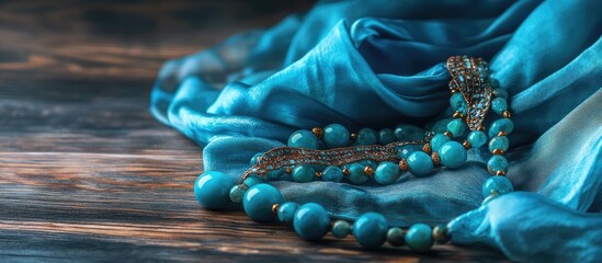 Leinwandbilder - Turquoise handmade jewelry elegantly displayed on a wooden table, layered with soft silk shawl in vibrant blue tones, highlighting intricate details.