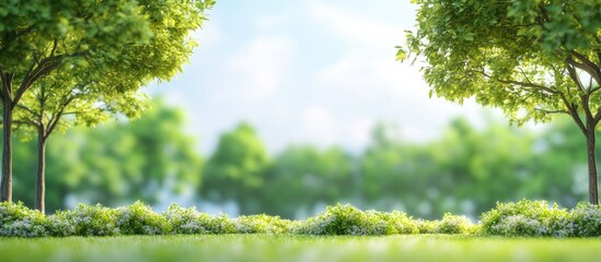 Leinwandbilder - Lush green trees with vibrant multicolored leaves framing a serene park scene under a bright sky with soft sunlight illuminating the landscape.