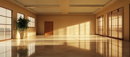 Poster - Empty modern conference room featuring large windows casting sunlight and reflections on polished marble floor with potted plant and wooden door