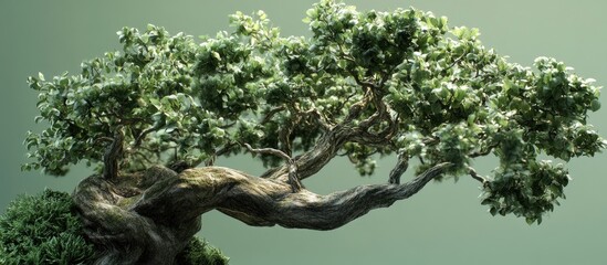 Poster - Bonsai tree with thick twisted trunk and lush green leaves set against a soft gradient background transitioning from light green to gray