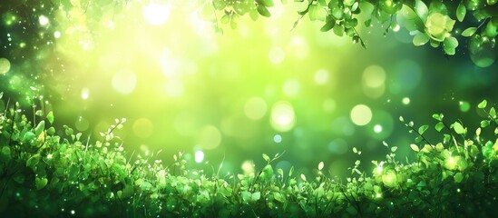 Leinwandbilder - Abstract green spring park background featuring vibrant grass and luminous bokeh effects, with radiant sunlight illuminating the scene.