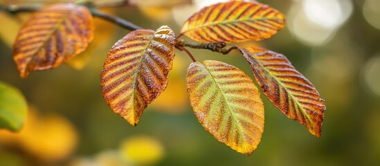 Fototapete - Close-up of golden autumn leaves illuminated by soft sunlight on a blurred fall background showcasing shades of orange and green.
