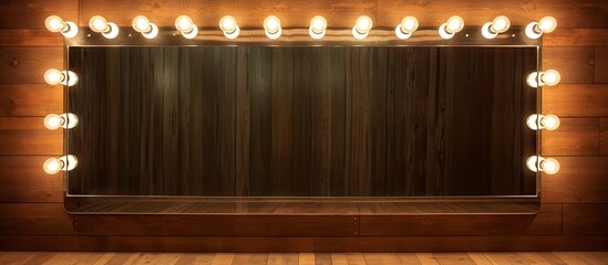 Poster - Wooden floor with a large rectangular mirror adorned with bright light bulbs, positioned centrally against a dark wooden wall, creating a vintage aesthetic.