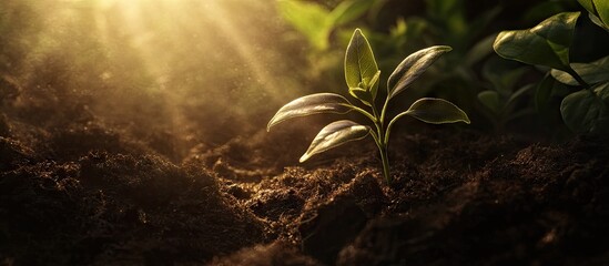 Aufkleber - New title: Seedling emerging from dark rich soil illuminated by golden morning sunlight with soft green leaves highlighted in a lush ecological setting