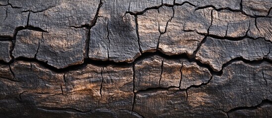 Fototapete - Aged dark brown wood texture featuring prominent cracks and rough grains in a horizontal layout creating a rustic worn appearance.
