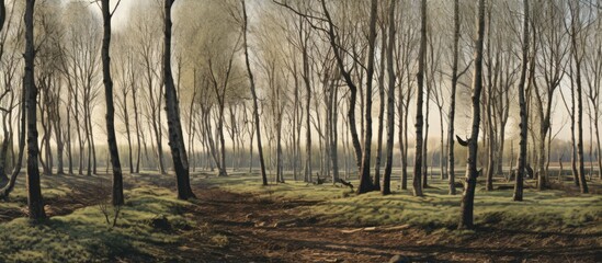 Fototapete - Serene landscape of a poplar tree woodland with tall trees in soft greens and browns, ample open space, and gentle light filtering through branches.