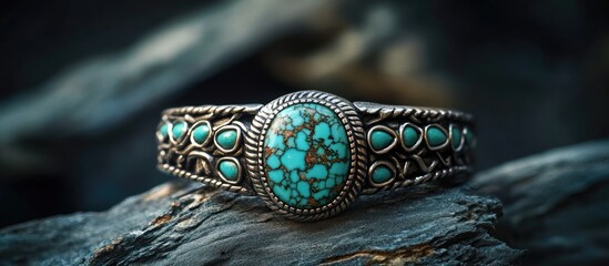 Leinwandbilder - Turquoise and silver bracelet with intricate design resting on dark stones showcasing earth tones and vivid turquoise accents in natural light