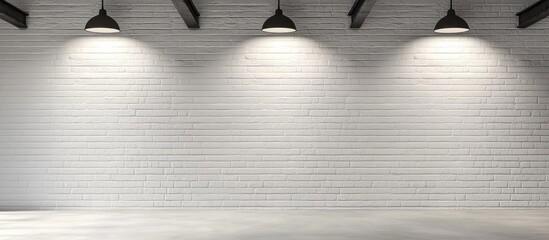 Aufkleber - Minimalist industrial interior with three black pendant lights illuminating a blank white brick wall, featuring a spacious gray floor for versatility.
